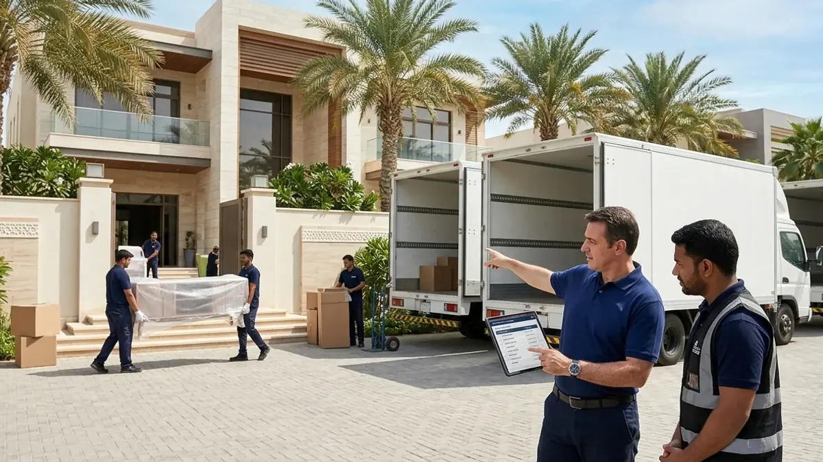 دينا نقل عفش تنتظر عند بوابة مجمع سكني في جدة أثناء تسليم تصريح الدخول للحراسة