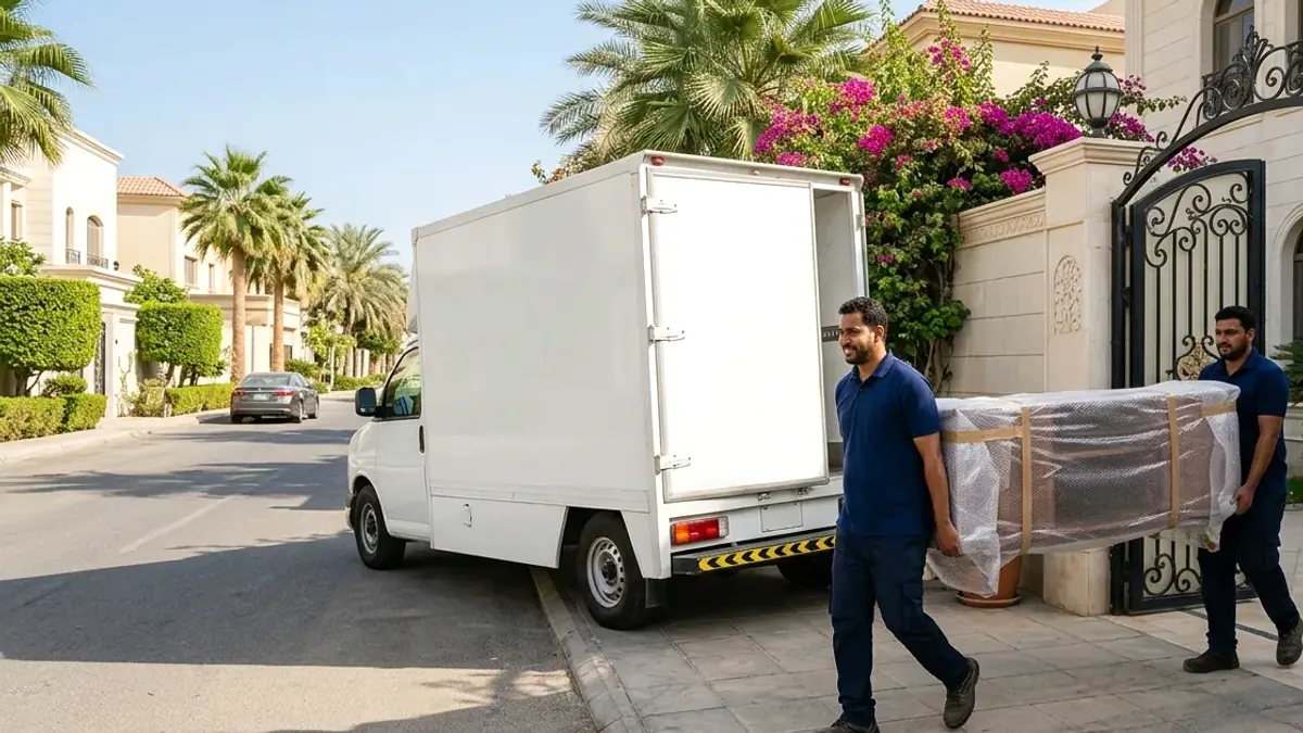 فريق ينقل أثاث شقة من عمارة سكنية حديثة في حي الأصالة شمال جدة