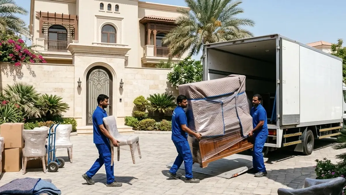 شاحنة دينا مغلقة أمام مبنى سكني في حي النهضة بجدة تجهز لنقل عفش إلى حي الحمدانية