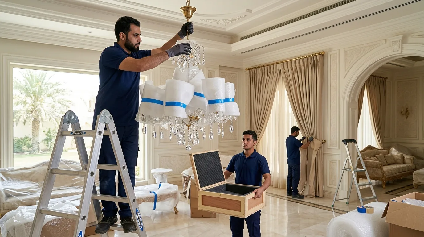 فك وتغليف الثريات الكريستال والستائر الفاخرة